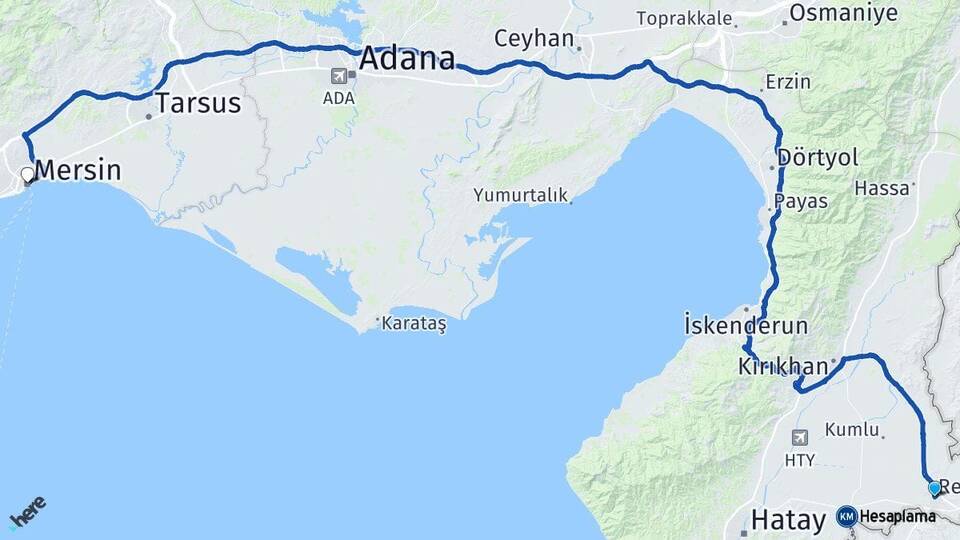 Hatay Reyhanlı Mersin Arası Kaç Km - Yol Haritası