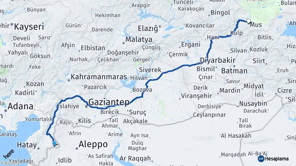Hatay Reyhanlı Muş Arası Kaç Km - Yol Haritası