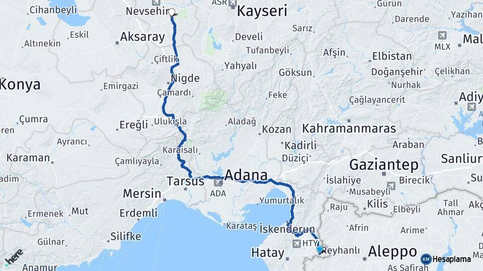 Hatay Reyhanlı Nevşehir Arası Kaç Km - Yol Haritası