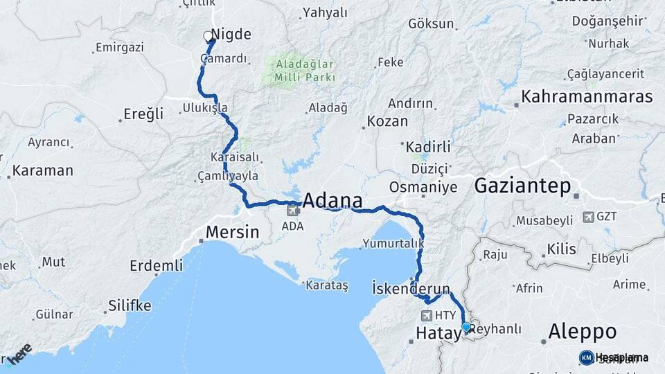 Hatay Reyhanlı Niğde Arası Kaç Km - Yol Haritası