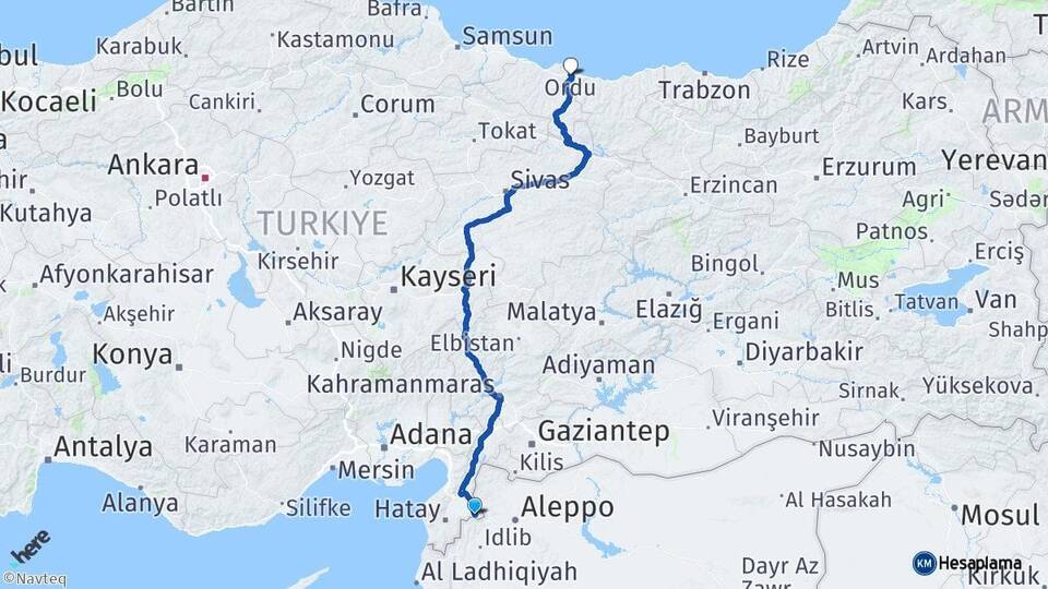 Hatay Reyhanlı Ordu Arası Kaç Km - Yol Haritası
