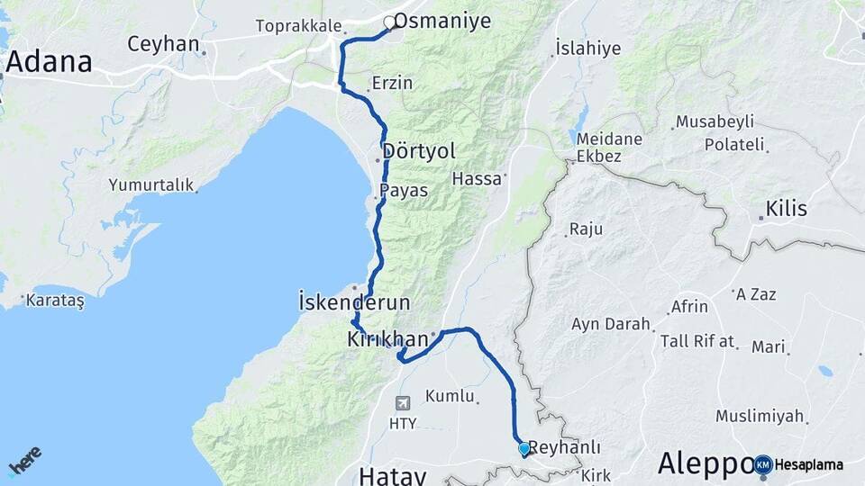 Hatay Reyhanlı Osmaniye Arası Kaç Km - Yol Haritası
