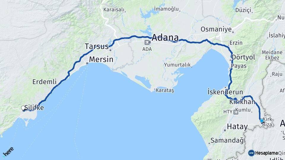 Hatay Reyhanlı Silifke Mersin Arası Kaç Km - Yol Haritası