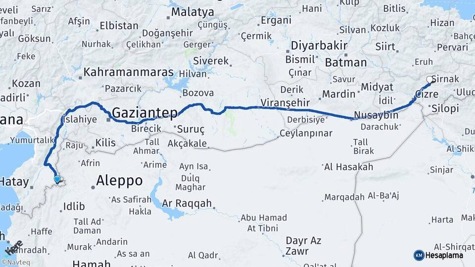 Hatay Reyhanlı Şırnak Arası Kaç Km - Yol Haritası