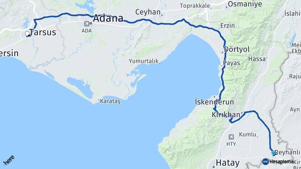 Hatay Reyhanlı Tarsus Mersin Arası Kaç Km - Yol Haritası