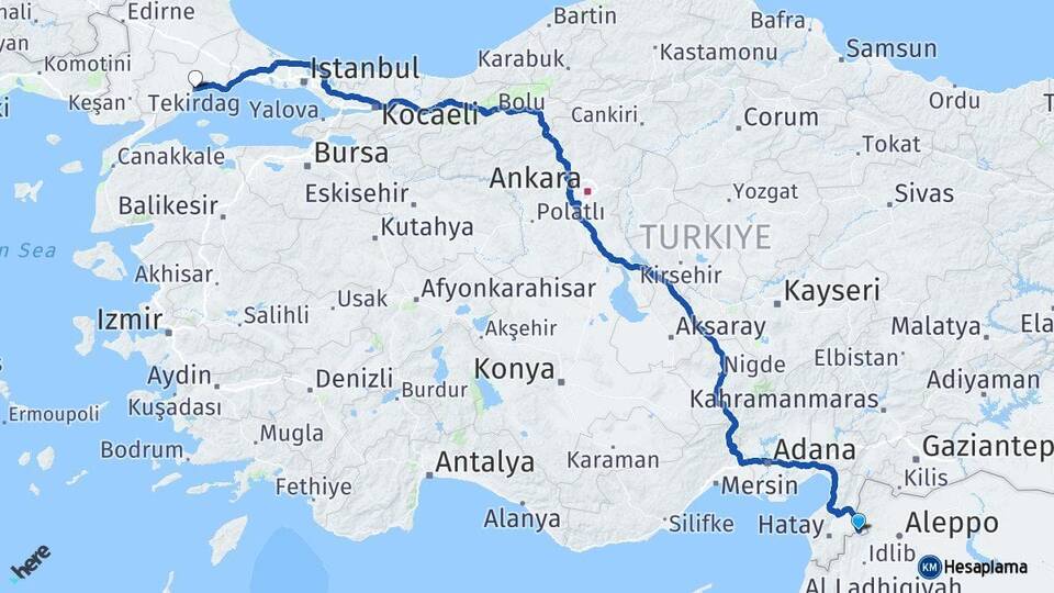 Hatay Reyhanlı Tekirdağ Arası Kaç Km - Yol Haritası