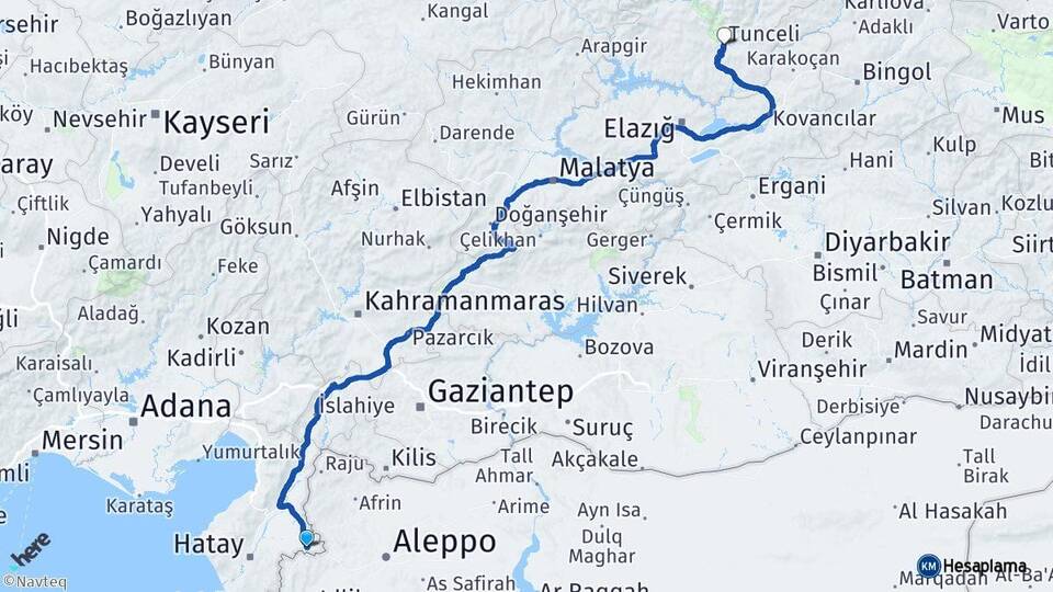 Hatay Reyhanlı Tunceli Arası Kaç Km - Yol Haritası