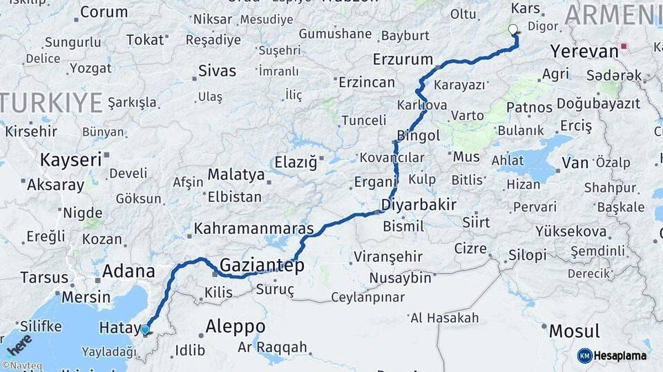 Hatay Sarıkamış Kars Arası Kaç Km - Yol Haritası