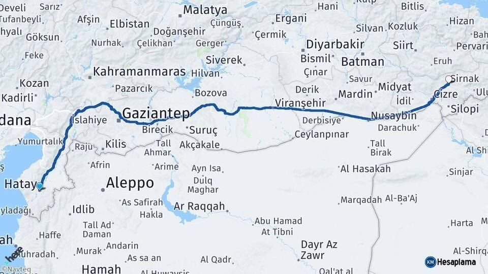 Hatay Şırnak Arası Kaç Km - Yol Haritası