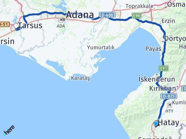 Hatay Tarsus Mersin Arası Kaç Km - Yol Haritası
