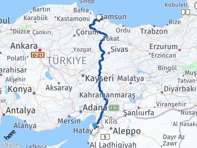 Hatay Tekkeköy Samsun Arası Kaç Km - Yol Haritası