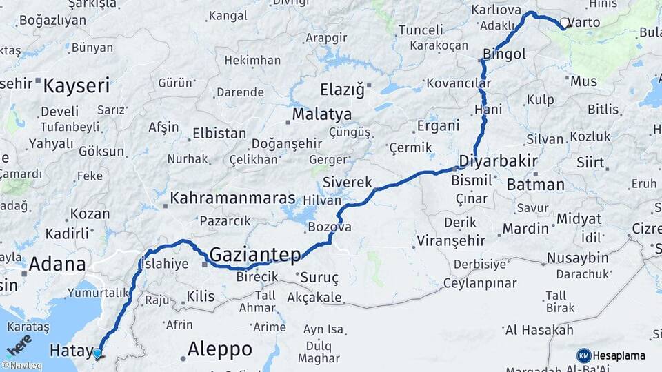 Hatay Varto Muş Arası Kaç Km - Yol Haritası