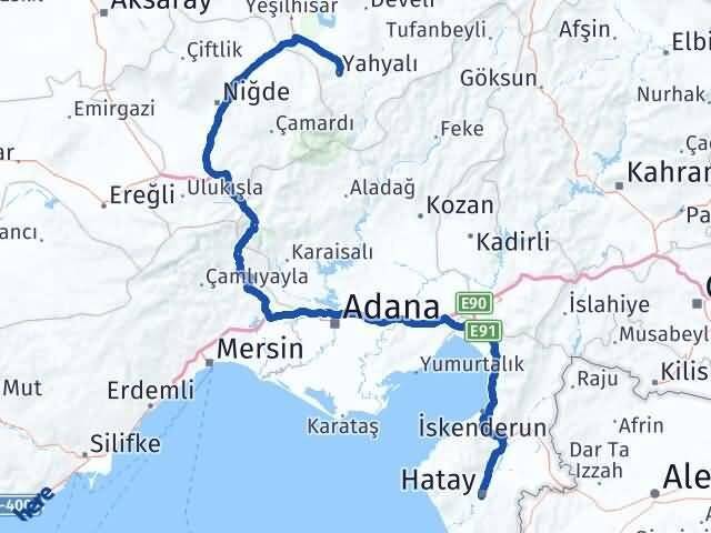 Hatay Yahyalı Kayseri Arası Kaç Km - Yol Haritası
