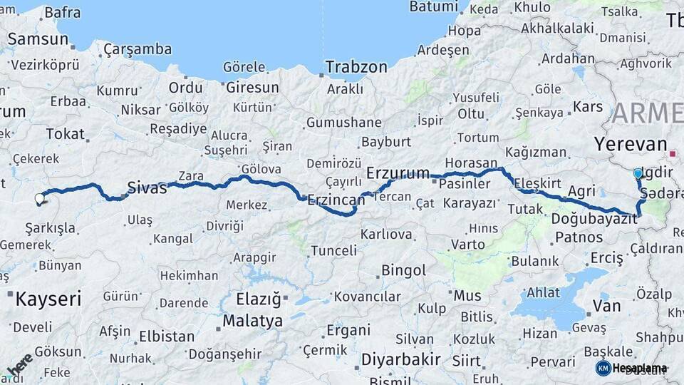 Iğdır Akdağmadeni Yozgat Arası Kaç Km - Yol Haritası