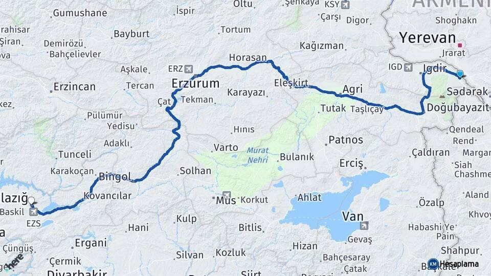 Iğdır Aralık Elazığ Arası Kaç Km - Yol Haritası