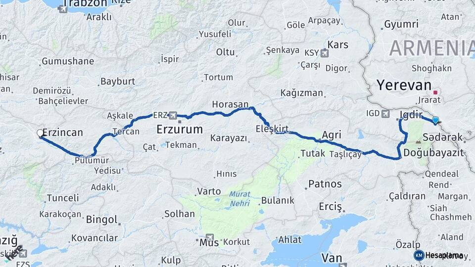 Iğdır Aralık Erzincan Arası Kaç Km - Yol Haritası