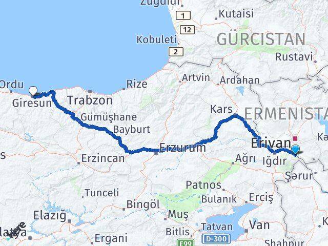 Iğdır Aralık Giresun Arası Kaç Km - Yol Haritası