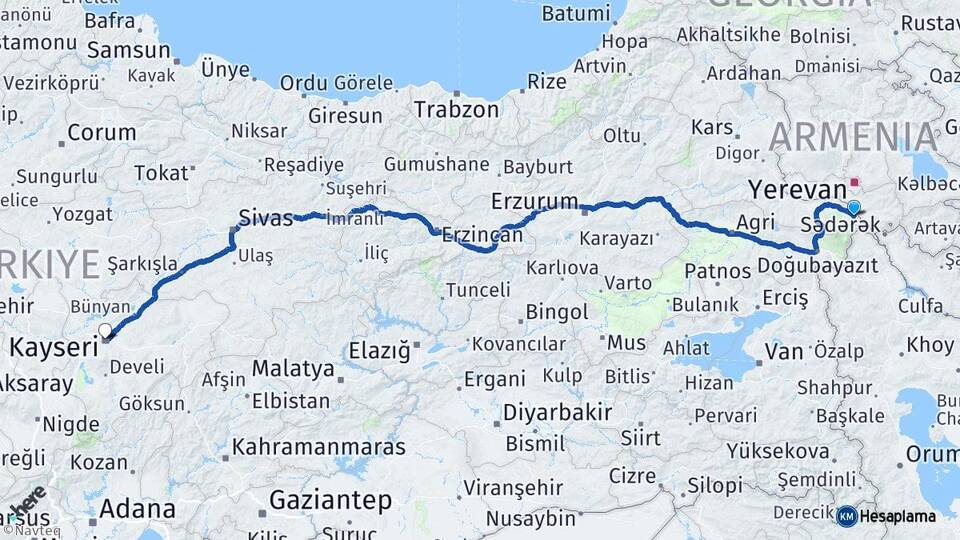 Iğdır Aralık Kayseri Arası Kaç Km - Yol Haritası