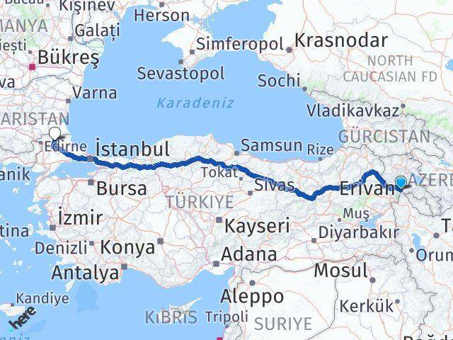 Iğdır Aralık Kırklareli Arası Kaç Km - Yol Haritası