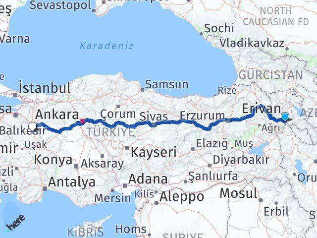 Iğdır Aralık Kütahya Arası Kaç Km - Yol Haritası