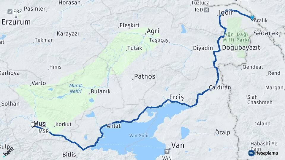 Iğdır Aralık Muş Arası Kaç Km - Yol Haritası