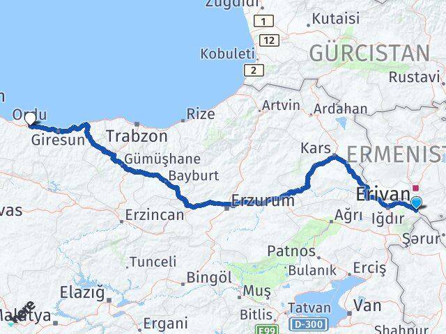 Iğdır Aralık Ordu Arası Kaç Km - Yol Haritası