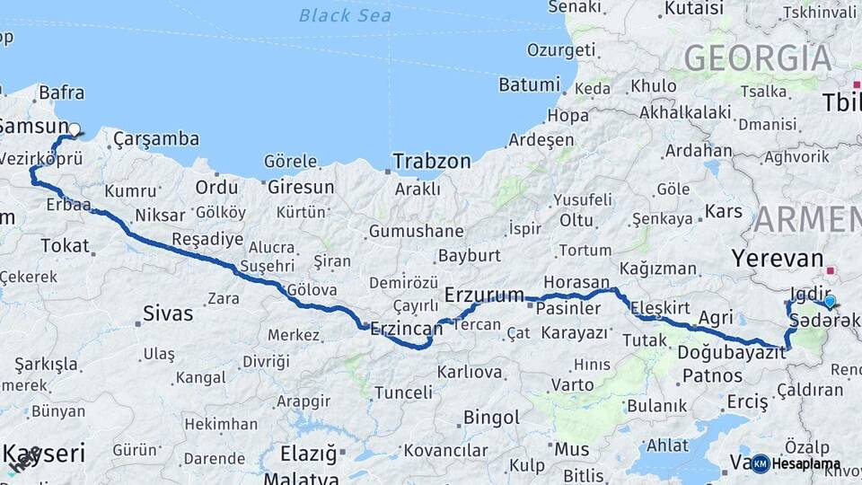 Iğdır Aralık Samsun Arası Kaç Km - Yol Haritası