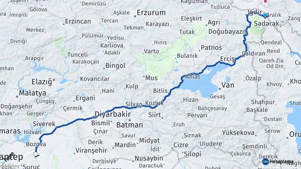 Iğdır Aralık Şanlıurfa Arası Kaç Km - Yol Haritası