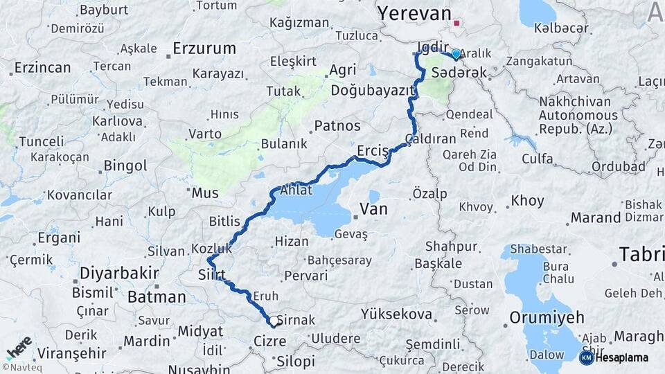 Iğdır Aralık Şırnak Arası Kaç Km - Yol Haritası
