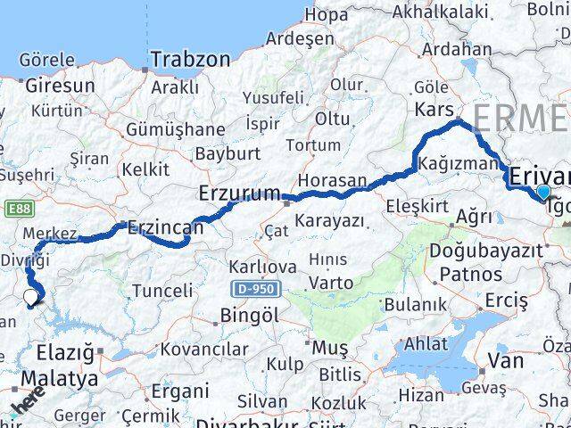 Iğdır Arapgir Malatya Arası Kaç Km - Yol Haritası