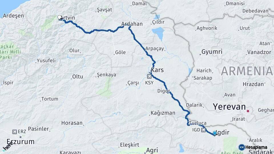 Iğdır Artvin Arası Kaç Km - Yol Haritası