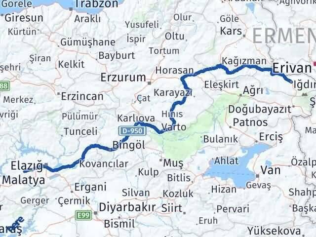 Iğdır Baskil Elazığ Arası Kaç Km - Yol Haritası