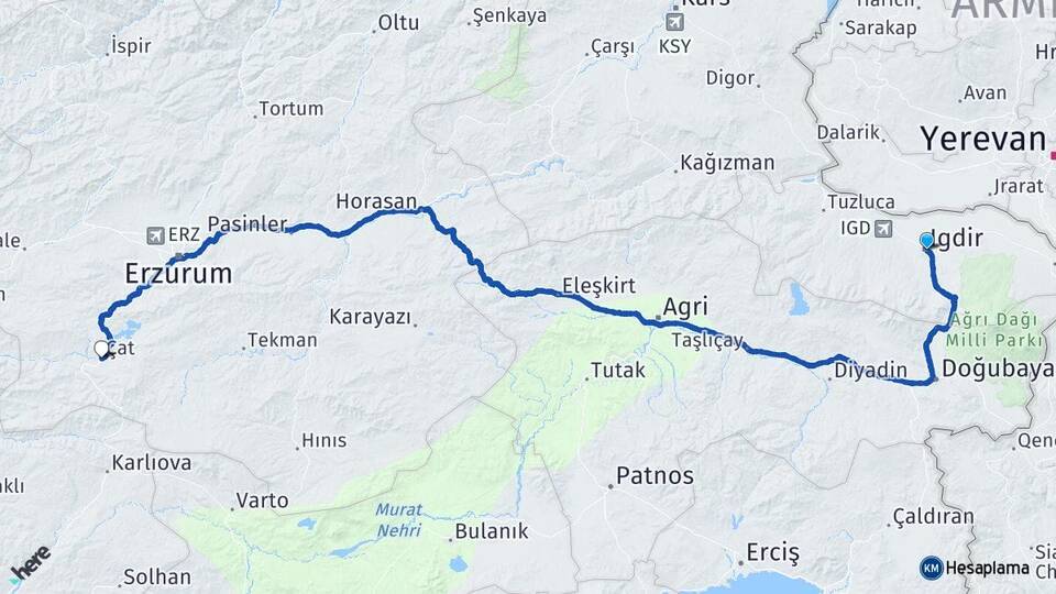 Iğdır Çat Erzurum Arası Kaç Km - Yol Haritası