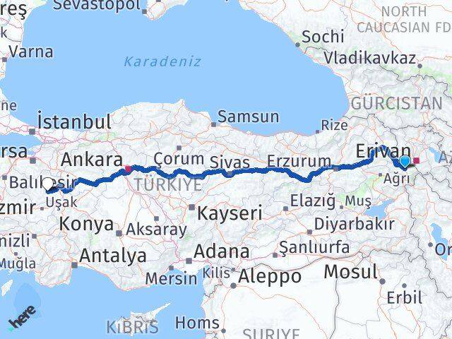 Iğdır Çavdarhisar Kütahya Arası Kaç Km - Yol Haritası