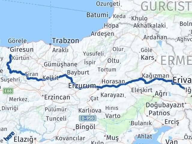Iğdır Dereli Giresun Arası Kaç Km - Yol Haritası