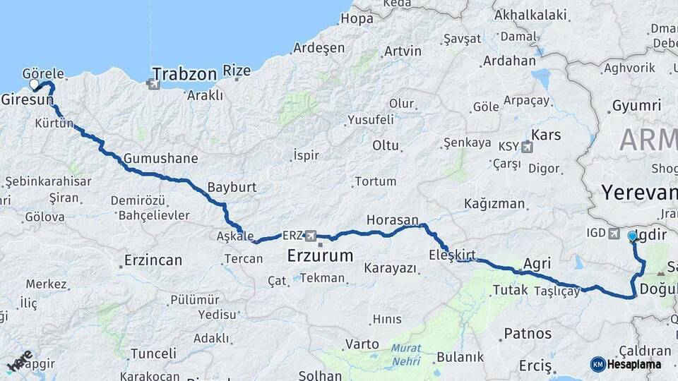 Iğdır Espiye Giresun Arası Kaç Km - Yol Haritası