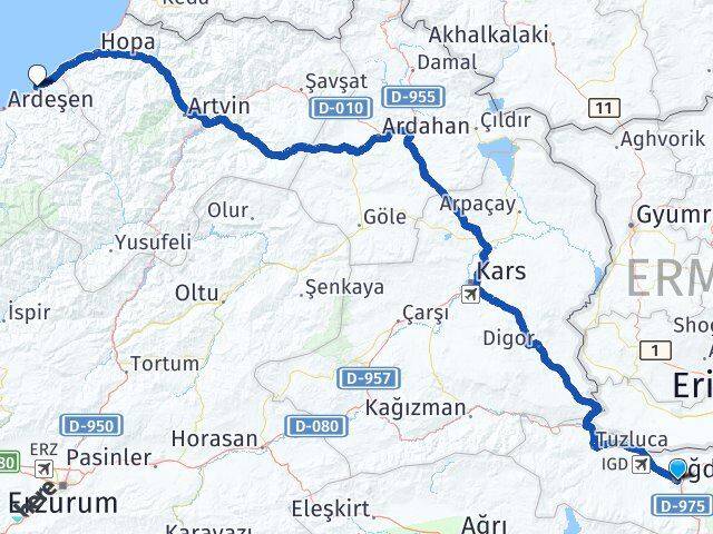 Iğdır Fındıklı Rize Arası Kaç Km - Yol Haritası