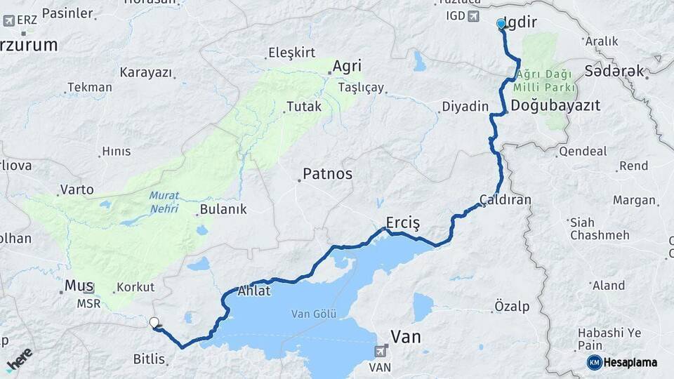 Iğdır Güroymak Bitlis Arası Kaç Km - Yol Haritası