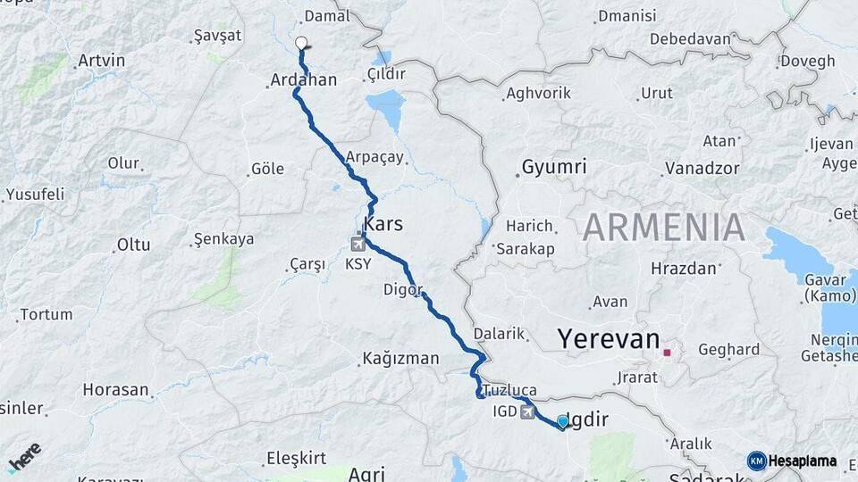 Iğdır Hanak Ardahan Arası Kaç Km - Yol Haritası
