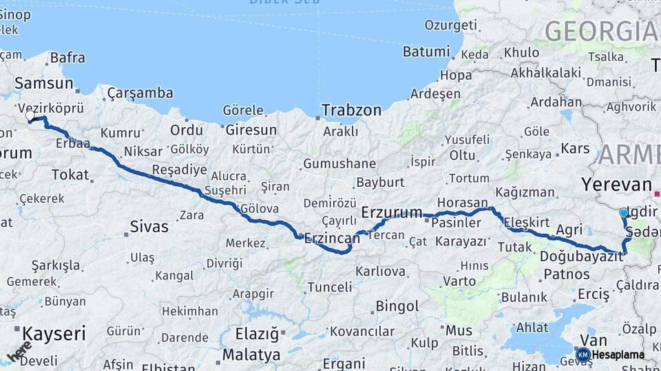 Iğdır Havza Samsun Arası Kaç Km - Yol Haritası