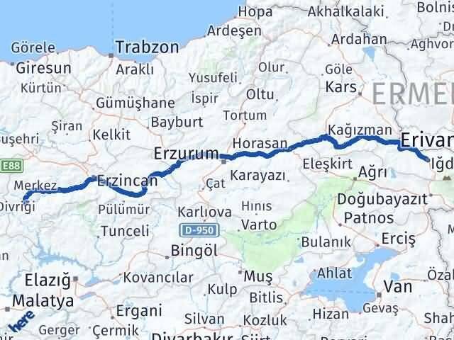 Iğdır İliç Erzincan Arası Kaç Km - Yol Haritası
