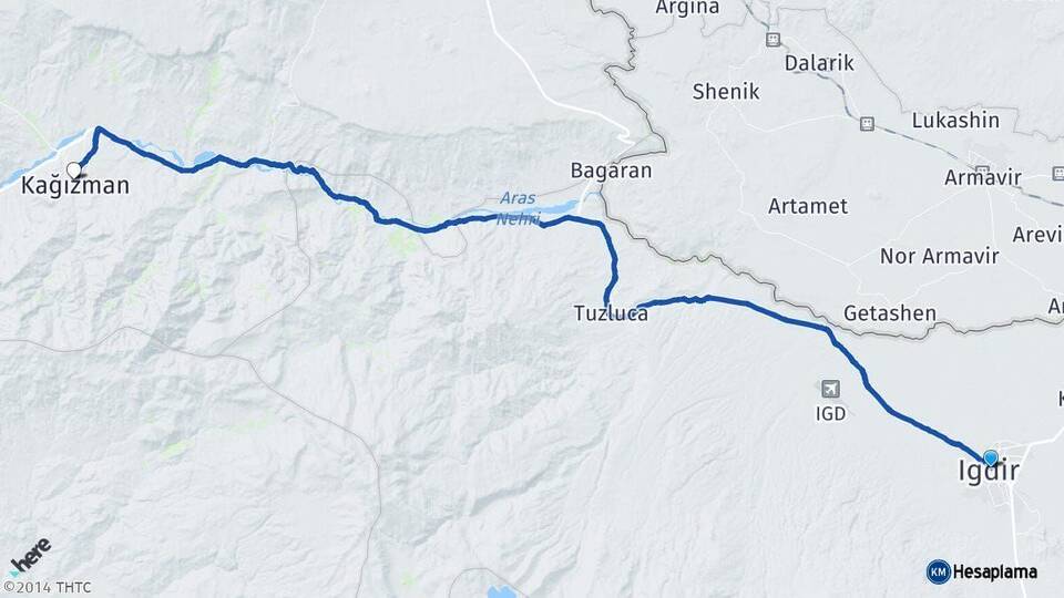 Iğdır Kağızman Kars Arası Kaç Km - Yol Haritası