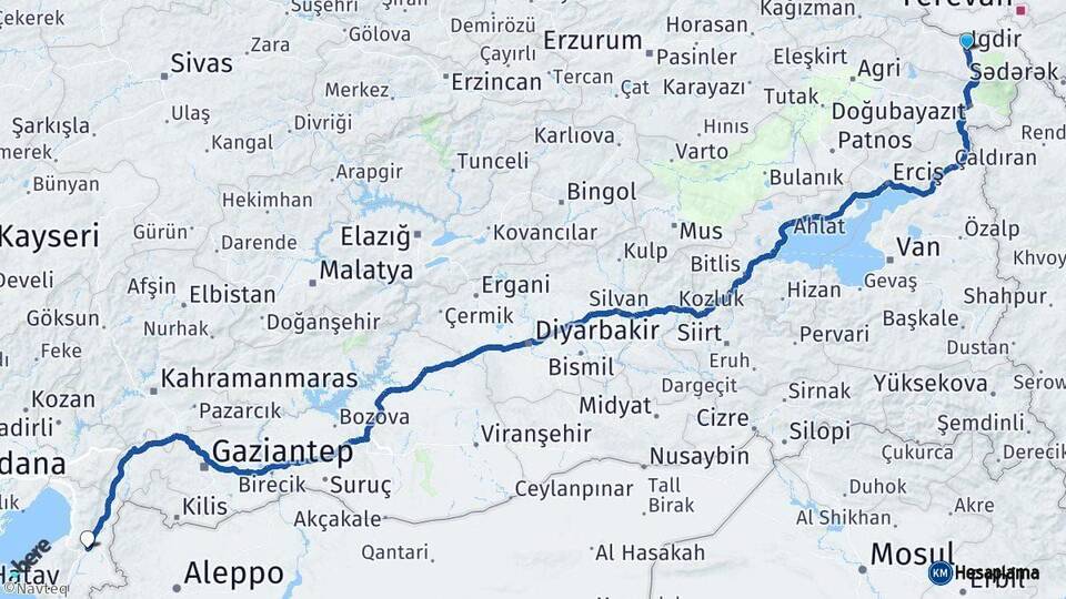 Iğdır Kırıkhan Hatay Arası Kaç Km - Yol Haritası