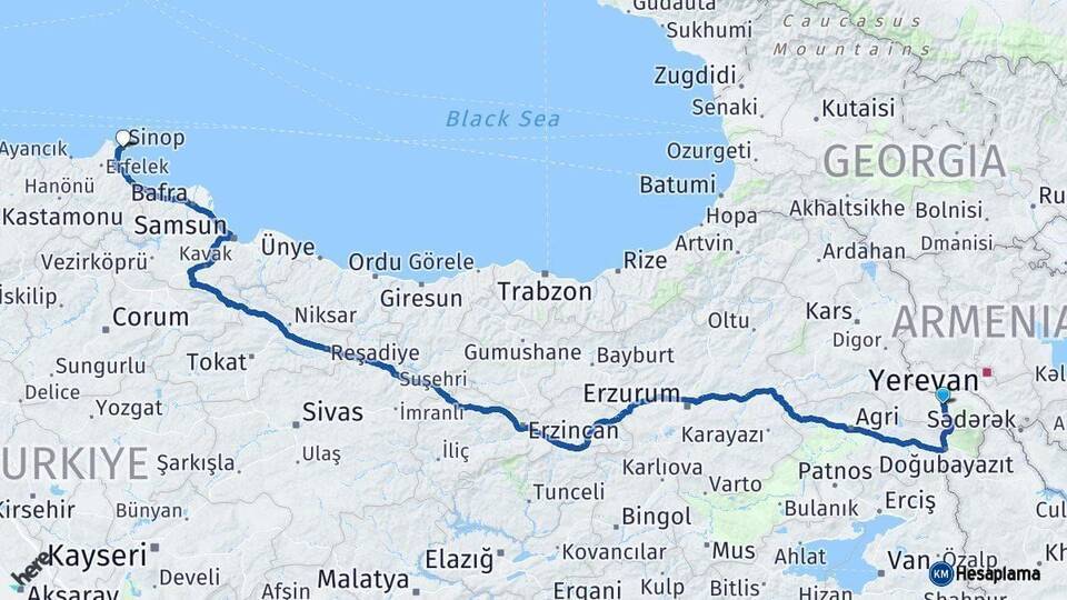 Iğdır Sinop Arası Kaç Km - Yol Haritası
