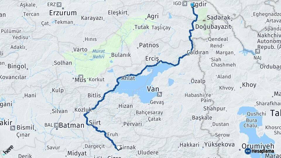 Iğdır Şırnak Arası Kaç Km - Yol Haritası