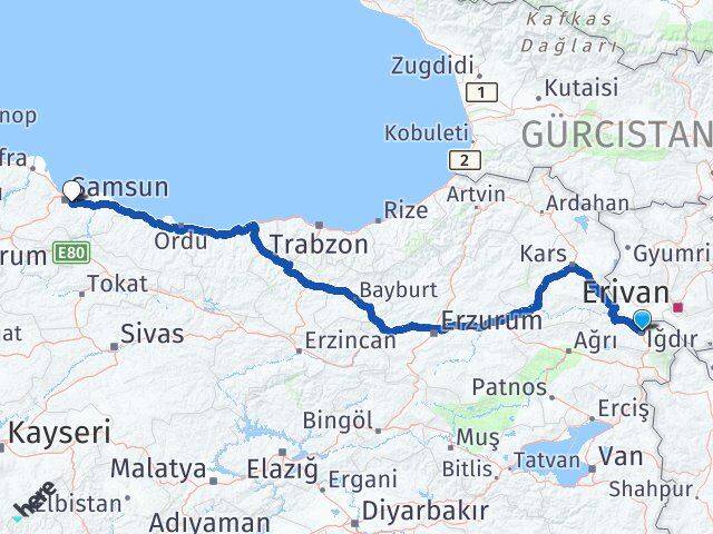Iğdır Tekkeköy Samsun Arası Kaç Km - Yol Haritası