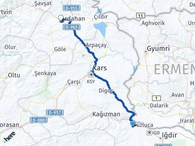 Iğdır Tuzluca Ardahan Arası Kaç Km - Yol Haritası