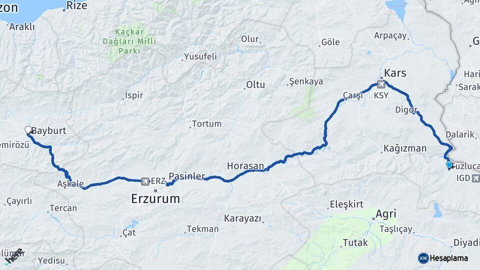Iğdır Tuzluca Bayburt Arası Kaç Km - Yol Haritası