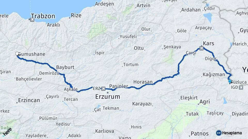 Iğdır Tuzluca Gümüşhane Arası Kaç Km - Yol Haritası