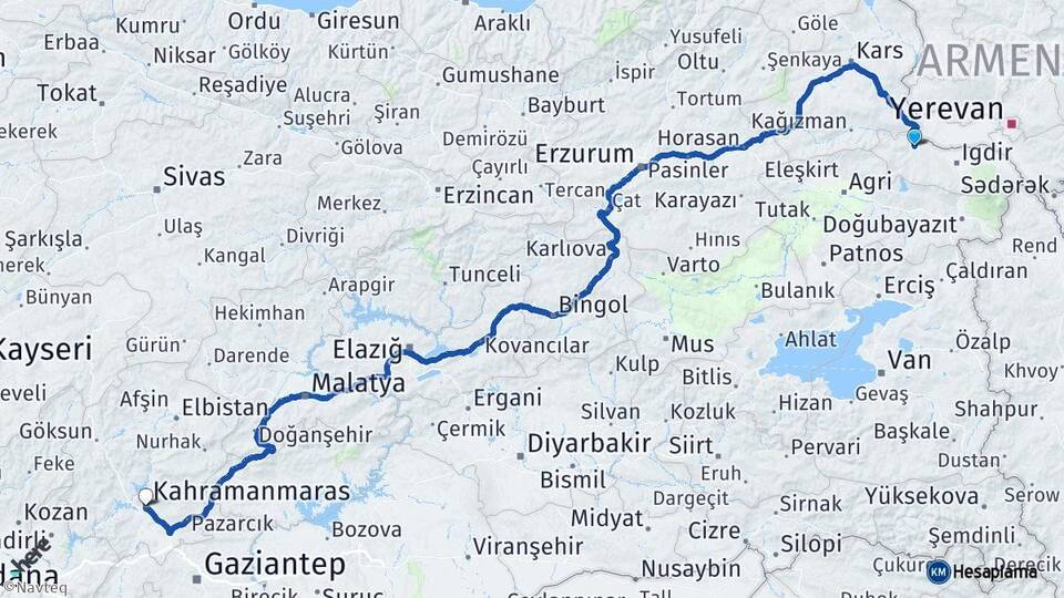 Iğdır Tuzluca Kahramanmaraş Arası Kaç Km - Yol Haritası